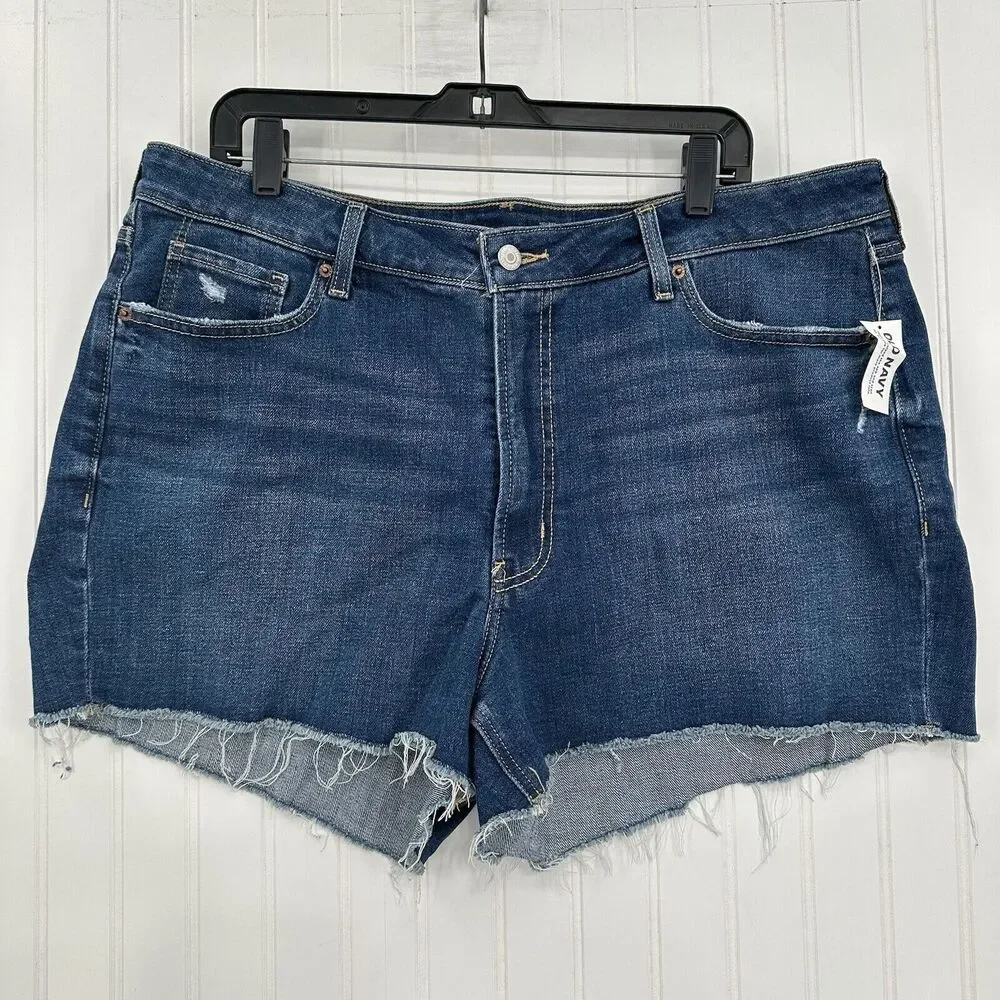 Old Navy Shorts Womens 18 OG Straight High Rise Blue Stretch Denim Jean Fray NEW